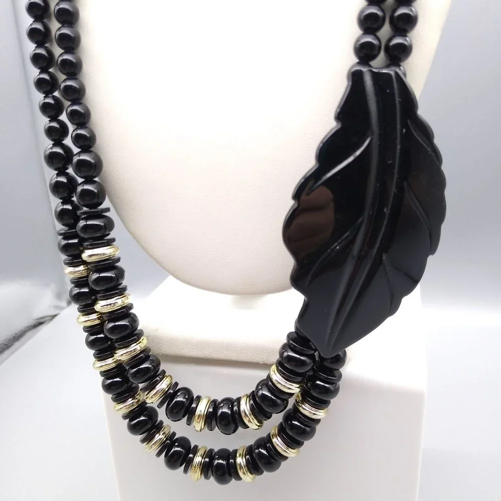 Unique Vintage Black Lucite Beads Necklace with Gold Tone Spacers and Carved - Picture 2 of 3